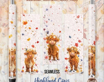 Highland Cow Pen Wrap Bundle: Seamless Floral Baby Highland Cows, Waterslide Pen Wrap, Sublimation Pen Wraps, Epoxy Pen Wraps, Spring Summer