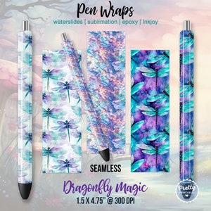 May include: Pen wraps featuring a dragonfly design with purple, blue, and green watercolor accents. The wraps are 1.5 inches by 4.75 inches and 300 DPI.