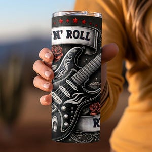 Rock-n-Roll Tumbler Wrap: Music Tumbler Wrap, 20 oz Sublimation Design, Rock and Roll PNG, Guitar Tumbler, Rebel Gothic Roses Guitarist Gift image 3