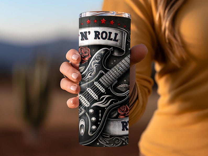 Rock-n-Roll Tumbler Wrap: Music Tumbler Wrap, 20 oz Sublimation Design, Rock and Roll PNG, Guitar Tumbler, Rebel Gothic Roses Guitarist Gift image 3