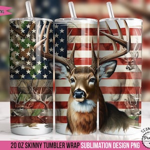 Hunting Tumbler Wrap: American Flag With Deer, 20 oz Sublimation Design, Whitetail Buck PNG, Deer Hunting PNG, Patriotic Camo Tumbler Wrap
