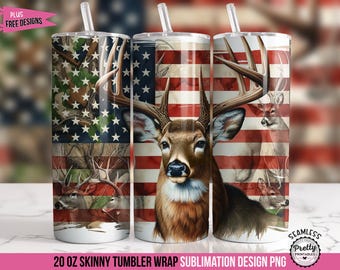Envoltório de copo de caça: bandeira americana com veado, design de sublimação de 20 oz, cervo de cauda branca PNG, caça de veado PNG, envoltório de copo de camuflagem patriótica