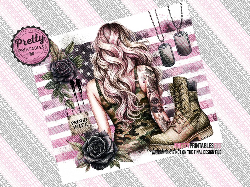 Dumna żona żołnierza Tumbler Wrap: 20 oz Sublimacja Projekt PNG, Żona żołnierza, Żona piechoty morskiej, Żona marynarki wojennej, Żona wojskowego Tumbler, Nieśmiertelniki dla psów Camo zdjęcie 2