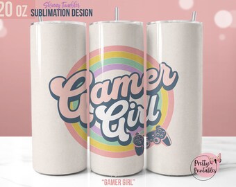 Retro Gamer Girl Tumbler Wrap: 20 oz Skinny Sublimation Design, Digital Download PNG - Gaming Tumbler Wrap, Game Controller, Girlfriend Gift