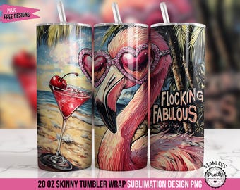 Lustige Flamingo PNG Tumbler Wrap: 20 Unzen Sublimationsdesign, Cherry Martini Beach Tumbler Wrap, Beflockung fabelhaft, freche Urlaubskreuzfahrt Vibes