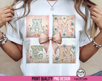 Boho Christian Amen PNG: Sublimation Design with Sleeve, Coquette Floral Cottagecore Faith Sublimation, Church Shirt for Christian Women PNG