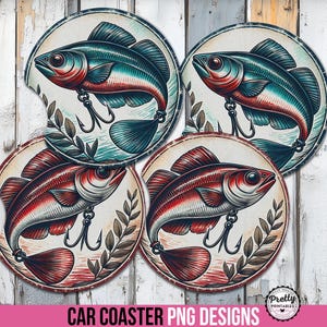 Vintage Fishing Car Coaster PNG: Sublimation Set, Round 4 inch, Cup Holder Coaster, Fishing Lure PNG, Dad Freshie PNG, Car Coaster Template