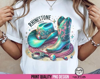Rhinestone Rodeo PNG Sublimation Design, Cowgirl PNG, Bachelorette png, Country Girl png, Teal Pink Cowgirl Boots, Girls Night Out Texas PNG