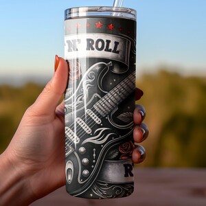 Rock-n-Roll Tumbler Wrap: Music Tumbler Wrap, 20 oz Sublimation Design, Rock and Roll PNG, Guitar Tumbler, Rebel Gothic Roses Guitarist Gift image 4
