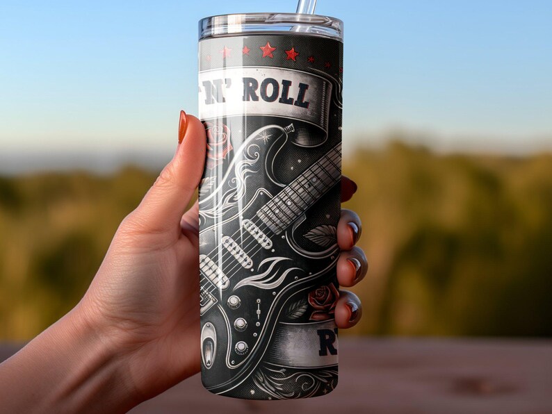 Rock-n-Roll Tumbler Wrap: Music Tumbler Wrap, 20 oz Sublimation Design, Rock and Roll PNG, Guitar Tumbler, Rebel Gothic Roses Guitarist Gift image 4