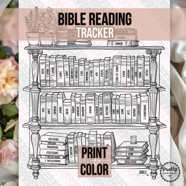 Bible Reading Tracker: Instant Download, Books Of The Bible, Bible Reading Coloring Log Printable, Bible Bookshelf, Christian Bible Study