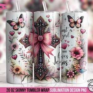 Mädchen, das Jesus liebt: 20 Unzen dünnes Sublimationsdesign, christlicher Kreuz Glaube Tumbler Wrap, Kirchenblumenschmetterling, Western PNG