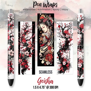 May include: Four pen wraps featuring a Japanese geisha, cherry blossoms, and a black and white background. The wraps are 1.5 inches by 4.75 inches and 300 DPI. The text "Pen Wraps" is at the top of the image, and the text "SEAMLESS Geisha 1.5 X 4.75" @ 300 DPI" is at the bottom of the image.