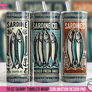 Retro Sardines PNG Tumbler Wrap: 20 oz Sublimation Design, Fisherman Aesthetic, Tinned Fish Sardine Print, Coastal Ocean Vibes, Fish Poster