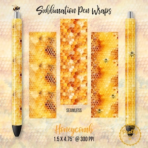 May include: Sublimation pen wraps featuring a honeycomb pattern with bees. The design is seamless and measures 1.5 inches by 4.75 inches at 300 pixels per inch.