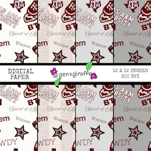 May include: Digital paper featuring repeating patterns with Texas A&M University logos, stars, and text. The design includes the university's name, the letters "BT", and the phrase "Spirit of A". The paper is 12 x 12 inches and 300 DPI.