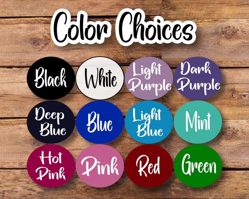 May include: Color choices for a product, shown as a chart of 12 round circles with different colors. The colors are: black, white, light purple, dark purple, deep blue, blue, light blue, mint, hot pink, pink, red, and green.