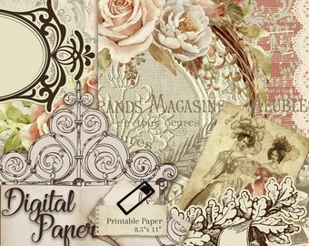 printable paper, antique rose backgrounds, watercolor rose, digital scrapbook paper, vintage paper pack 38