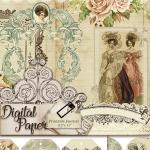 Printable Journal, Junk Journal Kit, Ephemera Pack, Vintage Floral, 8.5 x 11 inches, Journal Pack 37