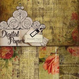 shabby papers, digital background, scrapbook, printable paper, grunge, vintage wedding, old paper pack, Romantic Roses pack 45 image 1