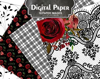 Roses Scrapbook Paper Romantic "Roses Digital Paper" Pack Watercolor Paper Printable Background Scrapbook, 7.5 x 7.5 inches #64