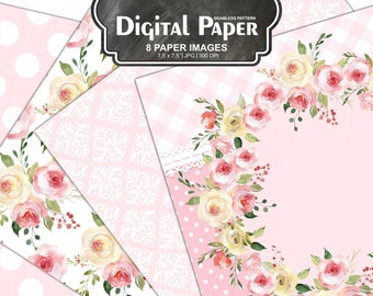 Rose Digital Paper Pack, Shabby chic papers, background-watercolor flowers, romantic bloom, Seamless Patterns Printable DIY Pack #120