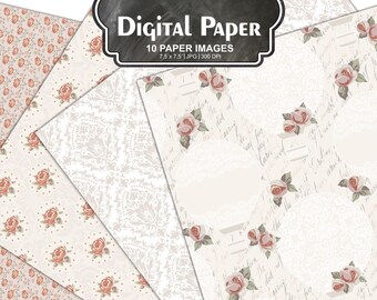 Shabby Chic Vintage Roses Scrapbooking Paper Digital Paper Pack Instant Download Rose Damask Flower Floral Retro #62