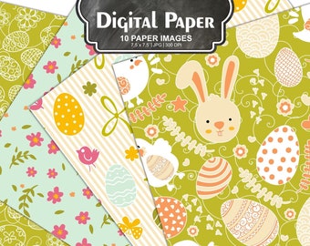 Happy easter digital paper pack "Printable" Backgrounds Bunny Polka Dots Pink yellow blue blue blue earling chick 7.5 x 7.5 inches #82