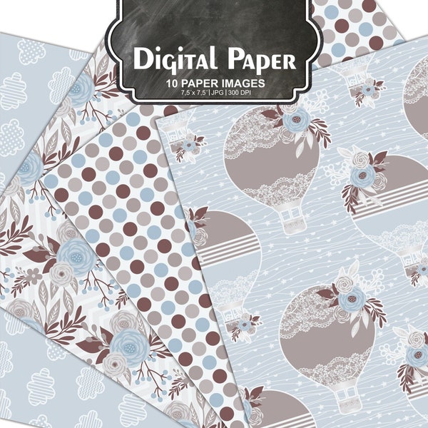 Digital "paper baby boy" hand-drawn floral pattern Hot Air Balloon Printable Background "Scrapbook" Paper 7.5 x 7.5 inches #78