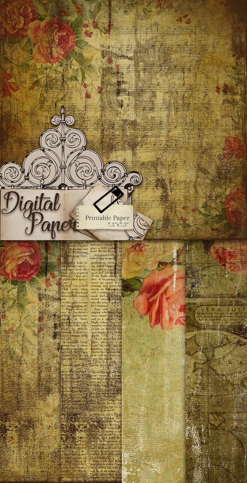 shabby papers, digital background, scrapbook, printable paper, grunge, vintage wedding, old paper pack, Romantic Roses pack 45 image 1