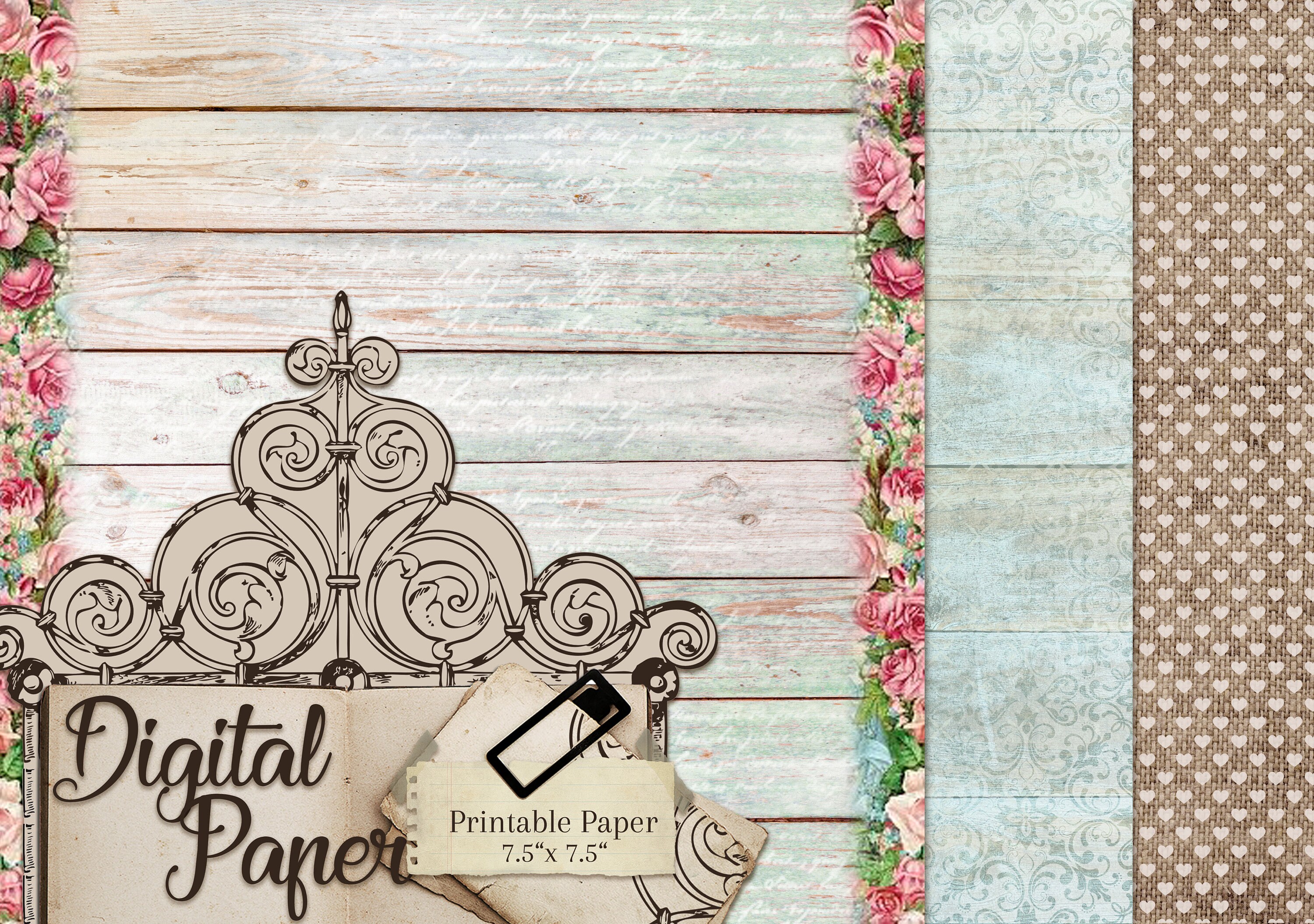 Digital Paper Pack roses AND Wood Vintage Floral - Etsy