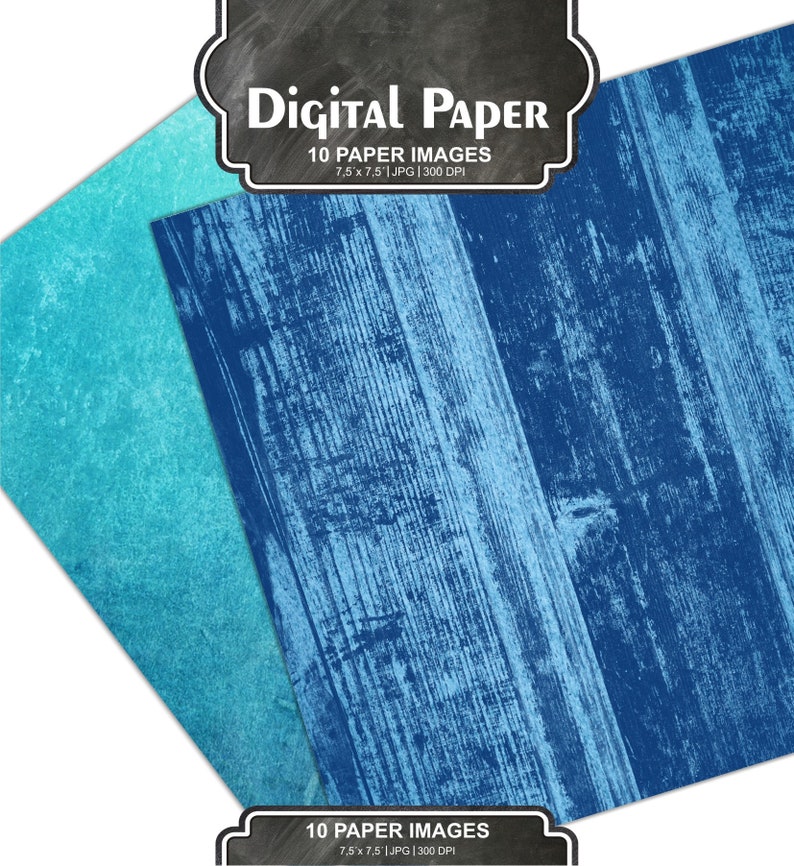 Digital Paper Pack, Blue Paper, Wood Texture Background, Printable