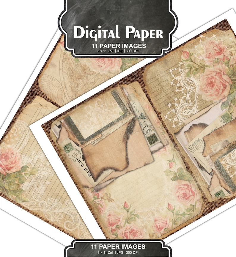 Printable Journal Kit Calendar Vintage Floral Shabby chic papers DIY Journal Pack #131 scrapbooking 8 x 11 inches Rose Papers