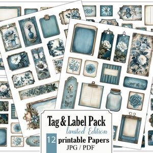 Pode incluir: Um pacote de papel digital com 12 pap&eacute;is imprim&iacute;veis com designs florais azuis e brancos, etiquetas e etiquetas. O pacote &eacute; intitulado "Tag & Label Pack Limited Edition".