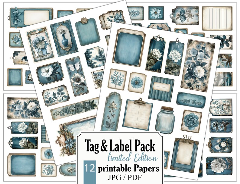 Pode incluir: Um pacote de papel digital com 12 pap&eacute;is imprim&iacute;veis com designs florais azuis e brancos, etiquetas e etiquetas. O pacote &eacute; intitulado "Tag & Label Pack Limited Edition".