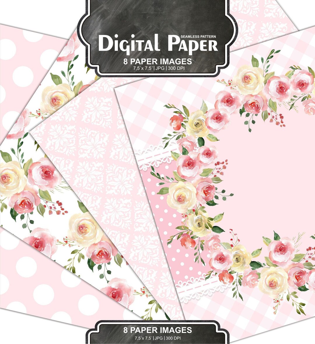 Rose Digital Paper Pack, Shabby Chic Papers, Background - Watercolor ...