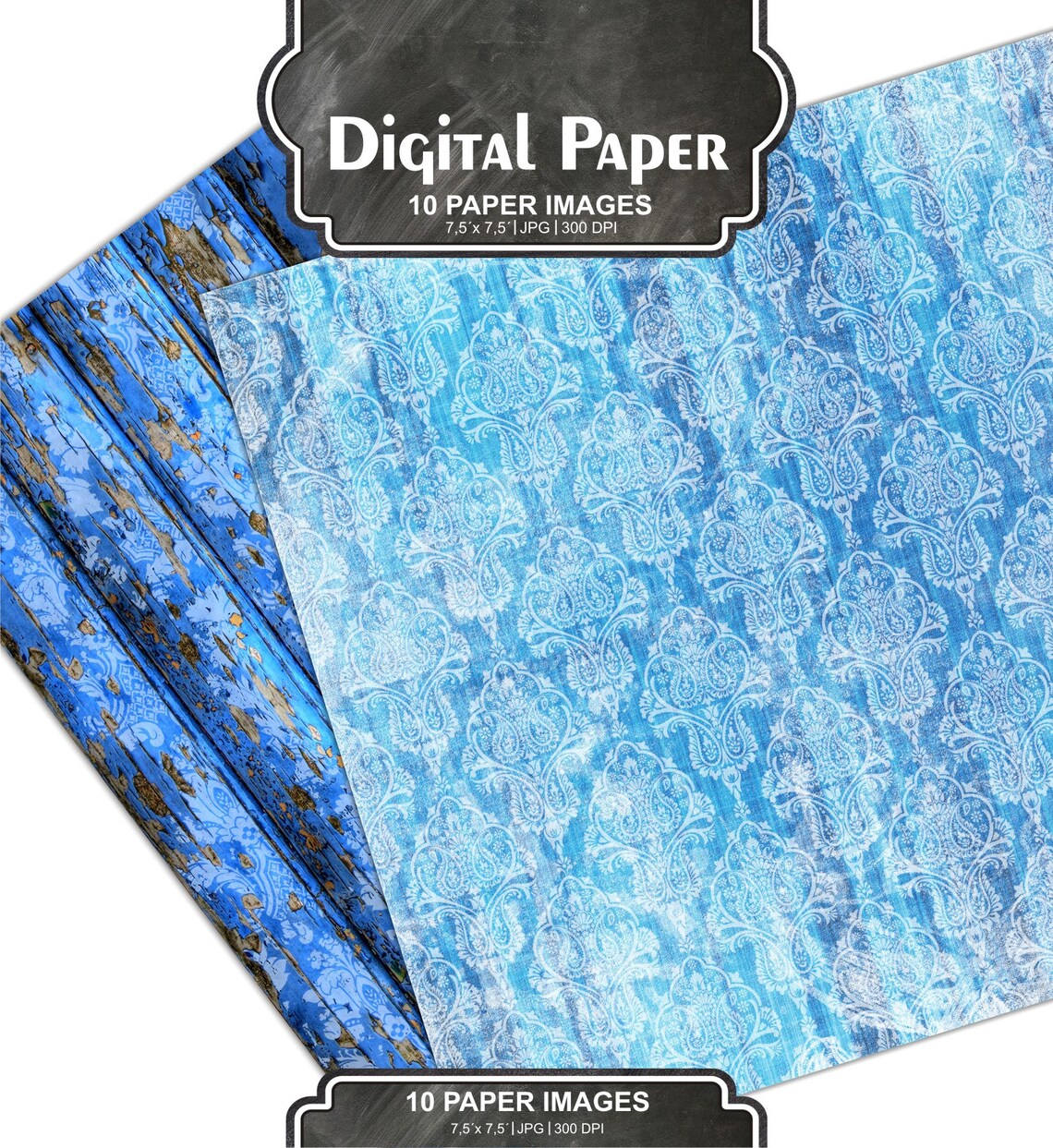 Digital Paper Pack, Blue Paper, Wood Texture Background, Printable
