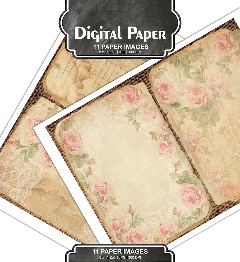 Printable Journal Kit Calendar Vintage Floral Shabby chic papers DIY Journal Pack #131 scrapbooking 8 x 11 inches Rose Papers