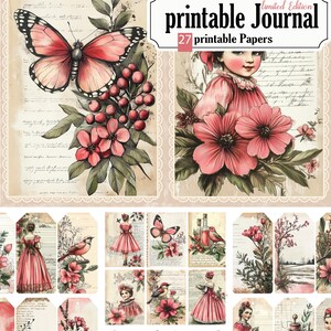 Könnte beinhalten: Ein druckbares Journal mit 27 Papieren mit einem rosa-grünen Blumendesign mit Schmetterlingen, Vögeln und einem Mädchen in einem rosa Kleid. Der Text "limitierte Auflage druckbares Journal 27 druckbare Papiere" befindet sich auf dem Cover.