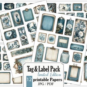 Pode incluir: Um conjunto de 12 pap&eacute;is imprim&iacute;veis com designs florais azuis e brancos, com uma variedade de formas e tamanhos, incluindo etiquetas, etiquetas e molduras. Os pap&eacute;is s&atilde;o perfeitos para scrapbooking, cria&ccedil;&atilde;o de cart&otilde;es e outros projetos de artesanato. O texto na imagem diz "Tag & Label Pack edi&ccedil;&atilde;o limitada 12 pap&eacute;is imprim&iacute;veis JPG / PDF".