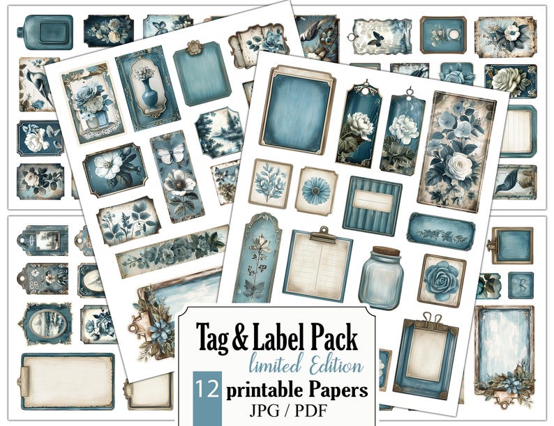 Pode incluir: Um conjunto de 12 pap&eacute;is imprim&iacute;veis com designs florais azuis e brancos, com uma variedade de formas e tamanhos, incluindo etiquetas, etiquetas e molduras. Os pap&eacute;is s&atilde;o perfeitos para scrapbooking, cria&ccedil;&atilde;o de cart&otilde;es e outros projetos de artesanato. O texto na imagem diz "Tag & Label Pack edi&ccedil;&atilde;o limitada 12 pap&eacute;is imprim&iacute;veis JPG / PDF".