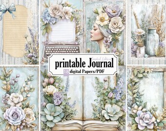 printable Shabby Chic Flower Junk Journal Kit - 18 Pages in PDF (8.5 x 11 Inches), Tags, Ephemera, for Scrapbook, Notebooks and Cards, STB17