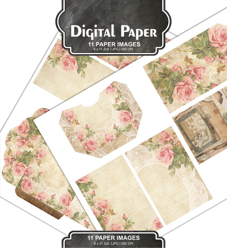 Printable Journal Kit Calendar Vintage Floral Shabby chic papers DIY Journal Pack #131 scrapbooking 8 x 11 inches Rose Papers