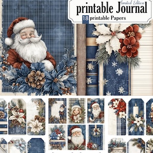 Pode incluir: Um conjunto de 18 papéis imprimíveis com um tema de férias de inverno com um esquema de cores azul e branco. Os papéis incluem imagens do Papai Noel, poinsétias, galhos de pinheiro, flocos de neve e padrões xadrez. Os papéis são rotulados como "diário imprimível edição limitada".