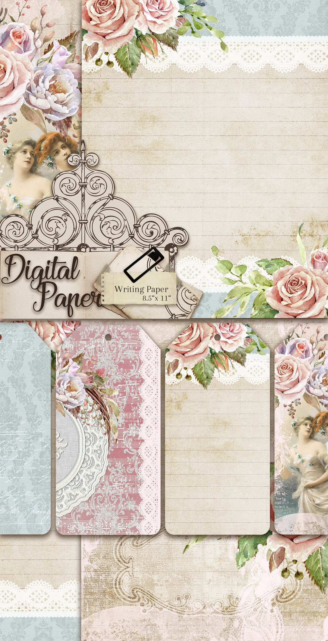 Printable Paper Antique Rose Backgrounds Watercolor Rose | Etsy