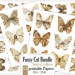 以下が含まれることがあります： 本のページから作られた複雑な蝶のデザインを特徴とする、印刷可能な12枚の紙を含むデジタルペーパーパック。蝶は、茶色とクリーム色のさまざまな色合いで、一部は黒いアクセントが付いています。テキスト「Fussy Cut Bundle limited Edition 12 printable Papers JPG/PDF」は、茶色のラベルに表示されています。