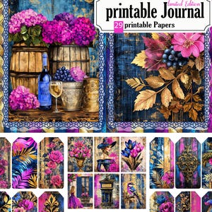 Printable Wood Journal with Flowers - 29 Pages in PDF (8.5 x 11 inches), Colorful, Ephemera, ATC, Junk Journal Kit, Tags, Cards, STB25
