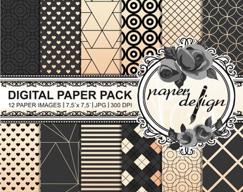 Scrapbook Geometric "digital Paper Pack Gold" instant download black 7.5 inches x 7.5 inches #03