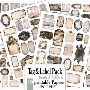 May include: A set of 10 printable papers featuring vintage-style tags and labels. The papers have a distressed, aged look with various shapes and sizes of tags and labels. The text on the papers reads "Tag & Label Pack limited Edition 10 printable Papers JPG / PDF".