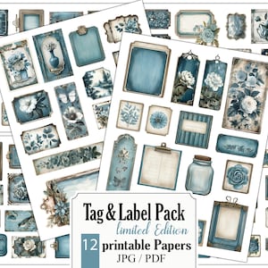 Könnte beinhalten: Ein Set mit 12 bedruckbaren Papieren mit blauen und weißen Blumenmustern, Rahmen und Etiketten. Die Papiere sind perfekt für Scrapbooking, Kartenherstellung und andere Papierarbeiten. Der Text auf dem Bild lautet "Tag & Label Pack limitierte Edition 12 bedruckbare Papiere JPG / PDF".